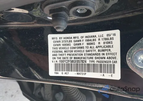 2016 Honda Civic Lx из США, поврежденный, VIN 19XFC2F58GE057824